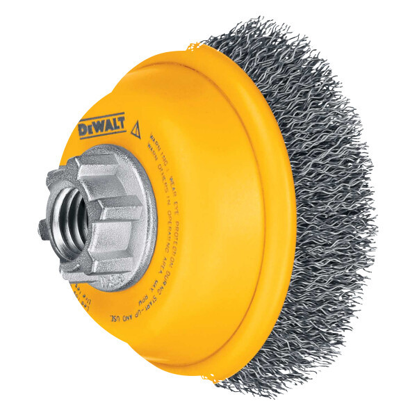 DEWALT Wire Cup Brush, Crimped, Carbon Steel, 4-Inch X 5/8-Inch, 11 Hp, .014-Inch