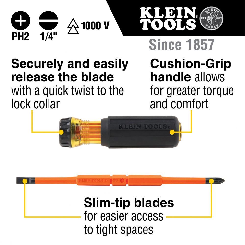 Klein Flip-Blade Insulated Screwdriver, 2-in1, Ph Bit #2, Sl Bit 1/4-Inch