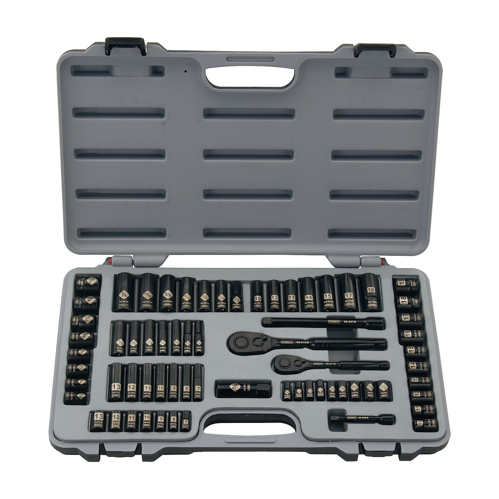 STANLEY® 69 PC SOCKET SET BLACK CHROME LASER ETCHED 1/4", 3/8" DRIVES