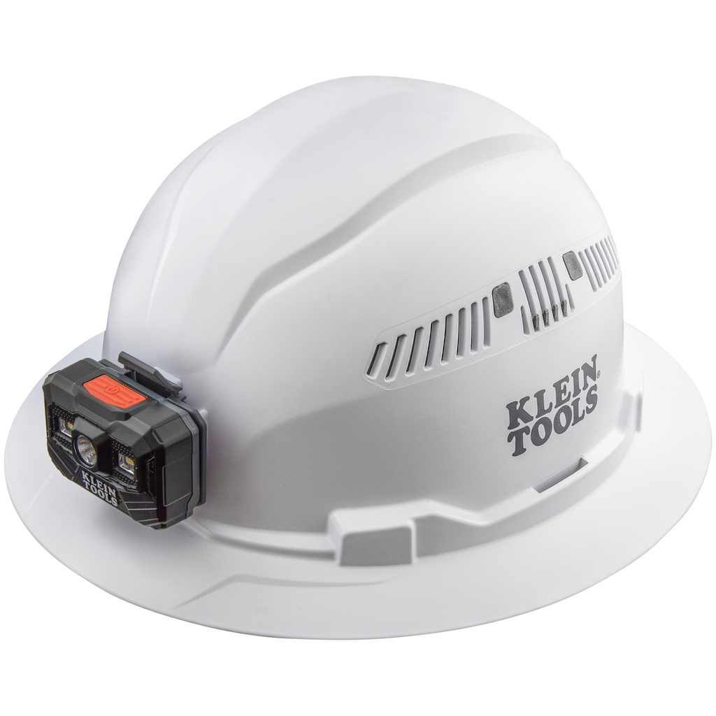 Klein Hard Hat, Vented, Full Brim with Rechargeable Headlamp, White