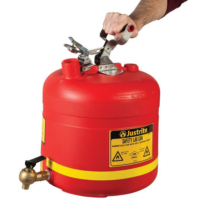 5-Gallon, Polyethylene Safety Shelf Can, Bottom Self-Close Brass Faucet, Red - 14545