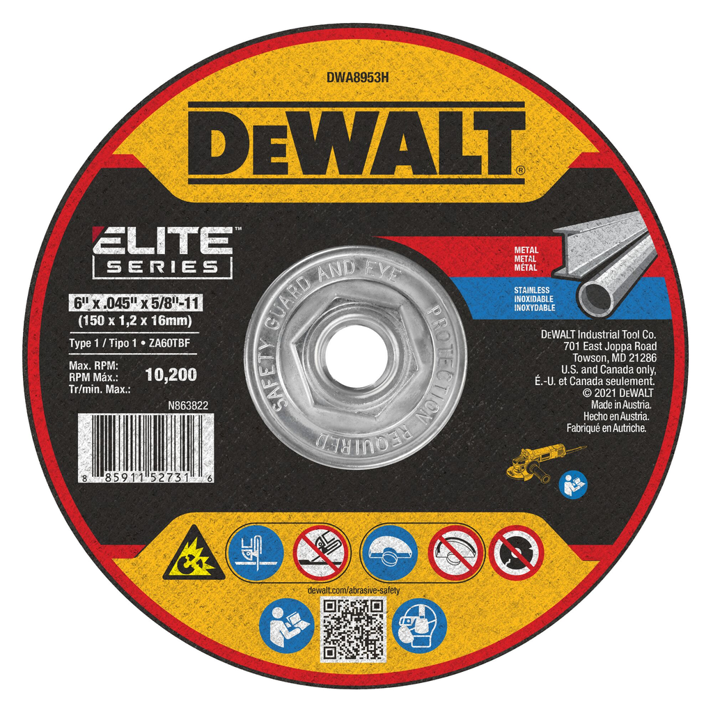 DEWALT ELITE SERIES 6 In x .045 in Ceramic Abrasive Chop / Cut-Off Blade with 5/8 in Arbor For Stainless & Mild Steel Cutting (1 Pack)  (P/N DWA8953H)