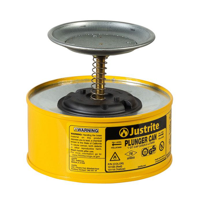 1 Quart Steel Plunger Dispensing Can, Perforated Pan Screen Serves as Flame Arrester, Yellow - 10118