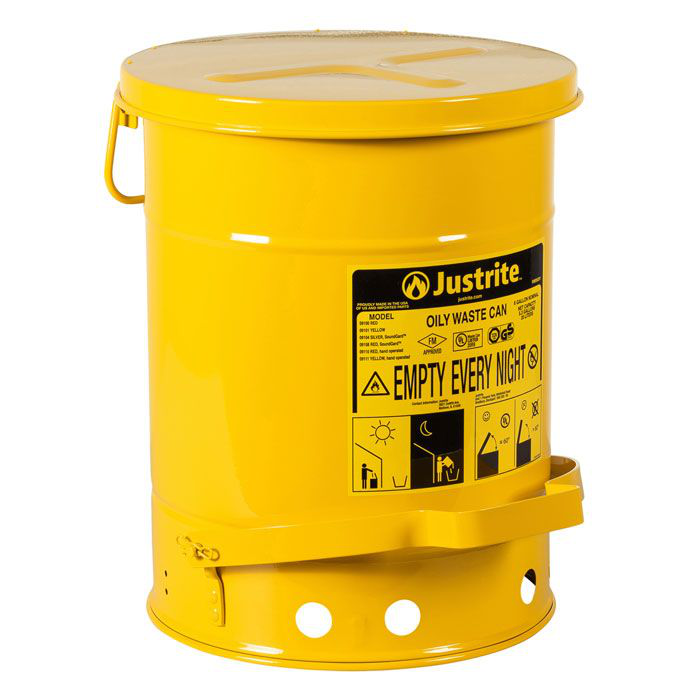 6 Gallon, Steel Oily Waste Can, Hands-Free Self-Closing Cover, Yellow - 09101