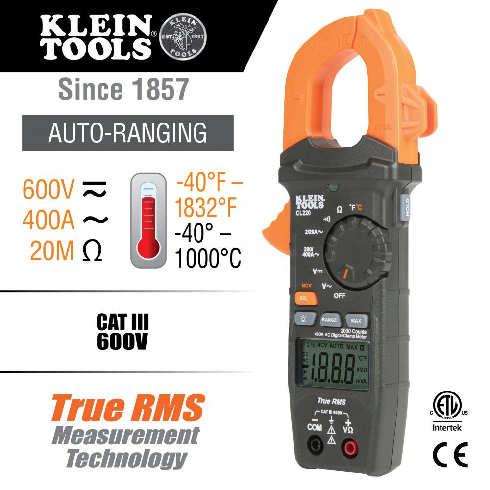 Klein Digital Clamp Meter, AC Auto-Ranging 400 Amp with Temp