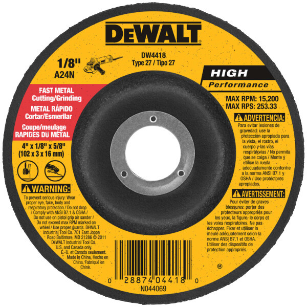 DEWALT 4" x 1/4" x 5/8" High Performance Metal Grinding Wheel  (P/N DW4418)