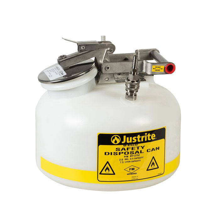 2 Gallon, Polyethylene Quick-Disconnect Disposal Safety Can, Polypropylene and Stainless Steel Fittings for 3/8" Tubing, White - BY12752