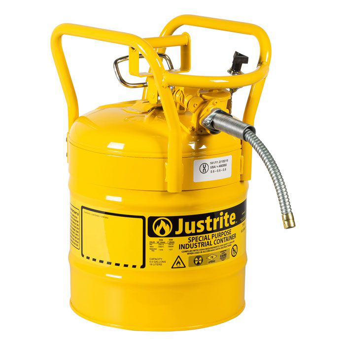 5 Gallon, 5/8" Metal Hose, Roll Bars, DOT Transport Steel Safety Can for Diesel, Type II, Accuflow™, Yellow - 7350210