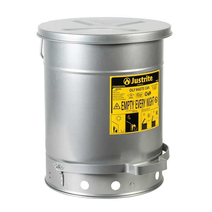 10 Gallon, Oily Waste Can, Hands-Free, Self-Closing Cover, SoundGard™, Silver - 09304