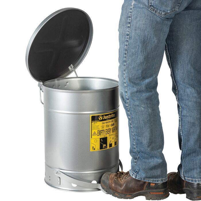 10 Gallon, Oily Waste Can, Hands-Free, Self-Closing Cover, SoundGard™, Silver - 09304