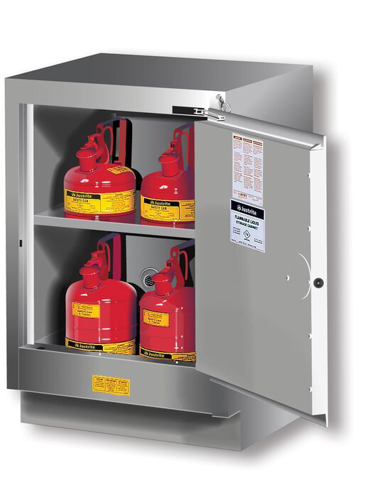 15 Gallon, 1 Shelf, 1 Door, Manual Close, Right Hinge, Flammable Cabinet, Sure-Grip® EX Under Fume Hood, Silver - 882404