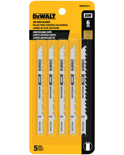 DEWALT 4" 6 TPI U- Shank Fast Rough Wood Cutting Cobalt Steel Jig Saw Blade  (P/N DW3703-5)