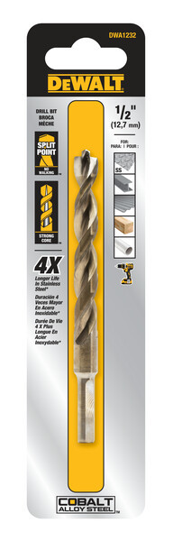 DEWALT Drill Bit, Pilot Point, Industrial Cobalt Alloy Steel, 1/2-Inch