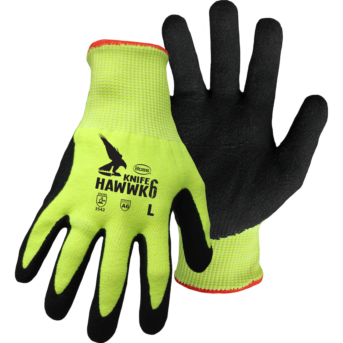 Knife Hawwk™ 1CF7007N  Cut Resistant Gloves, Size L, Hi-Vis Yellow, ANSI A6