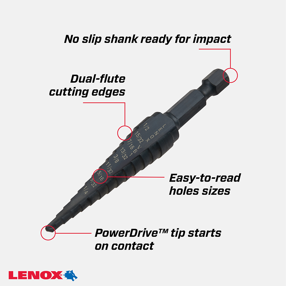 LENOX Step Drill Bit, 1/8 To 1/2 Inch