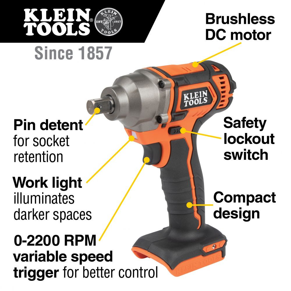 Klein Battery-Operated Compact Impact Wrench, 1/2-Inch Detent Pin, Tool Only