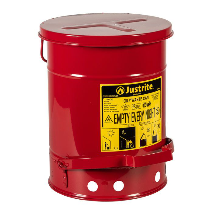 6 Gallon, Steel Oily Waste Can, Hands-Free, Self-Closing Cover, Red - 09100