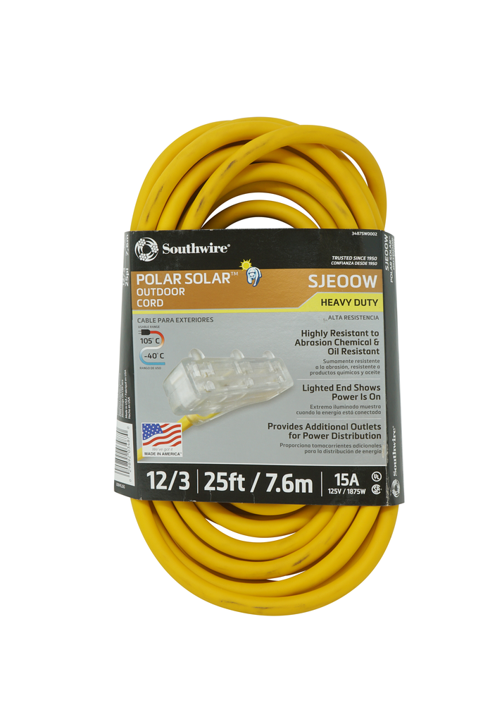 Southwire 25ft 12/3 SJEOOW Polar/Solar®  Three-Way Power Block (Yellow) 12/BX