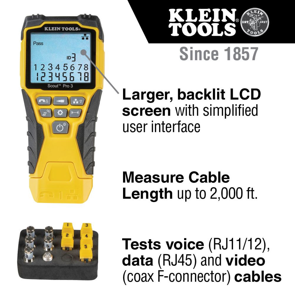 Klein Cable Tester Kit with Scout® Pro 3 Tester, Remotes, Adapter, Battery