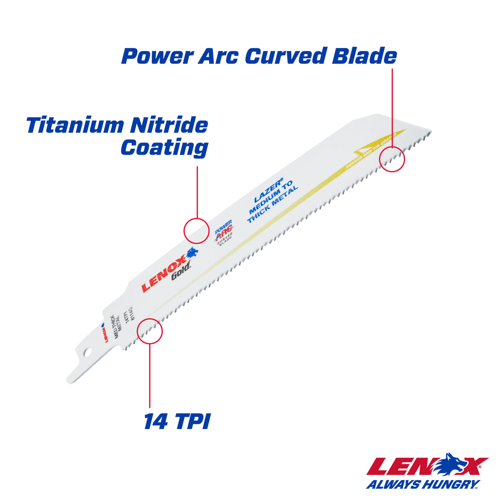 LENOX Gold Power Arc Reciprocating Saw Blade, For Thick Metal, Medium Metal Cutting, 6-Inch, 14 TPi, 25-Pack