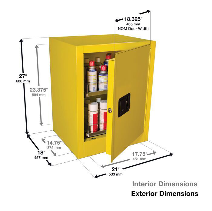 1 Door, Manual Close, 2 Drawers, 24 Can Benchtop Flammable Cabinet, Sure-Grip® EX, Yellow - 890500