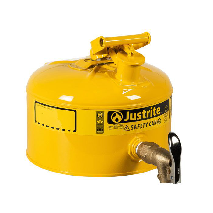 2.5 Gallon Steel Safety Can for Laboratories, Type I, Rigid Bottom Brass Faucet, Yellow - 7225250