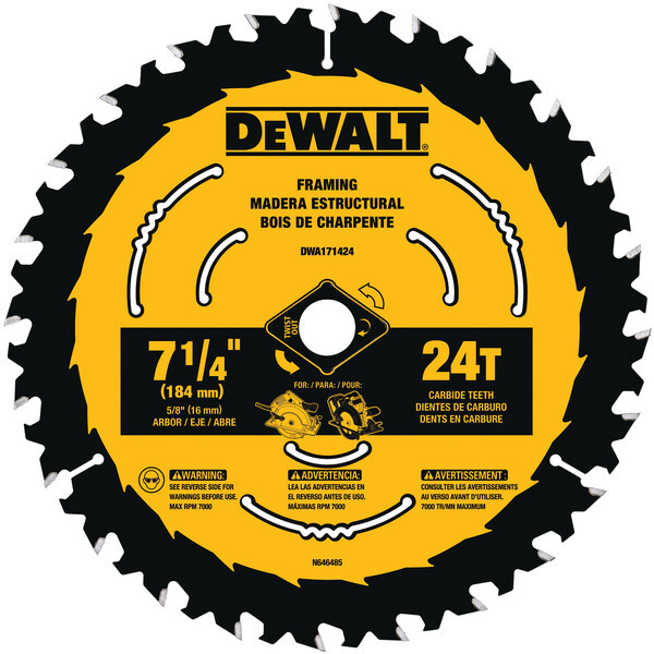 DEWALT 7-1/4 In Carbide Circular Saw Blade 24 Tooth with 5/8 in Arbor (1 Pack)  (P/N DWA171424)