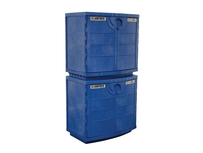 Holds 36, 2.5-Liter Bottles, 1 Shelf, 2 Doors, Manual Close, Corrosives/Acids Plastic Safety Cabinet, Blue - 24180