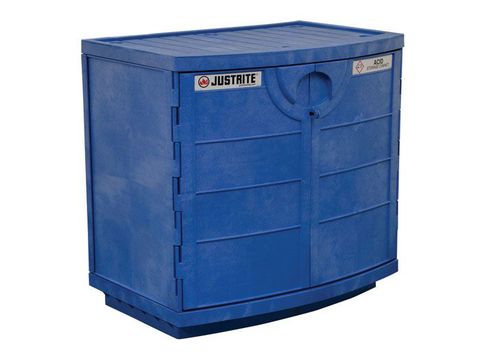 Holds 36, 2.5-Liter Bottles, 1 Shelf, 2 Doors, Manual Close, Corrosives/Acids Plastic Safety Cabinet, Blue - 24180