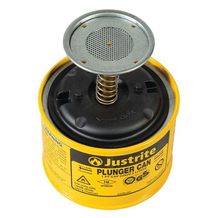 1 Pint Steel Plunger Dispensing Can, Perforated Pan Screen Serves as Flame Arrester, Yellow - 10018