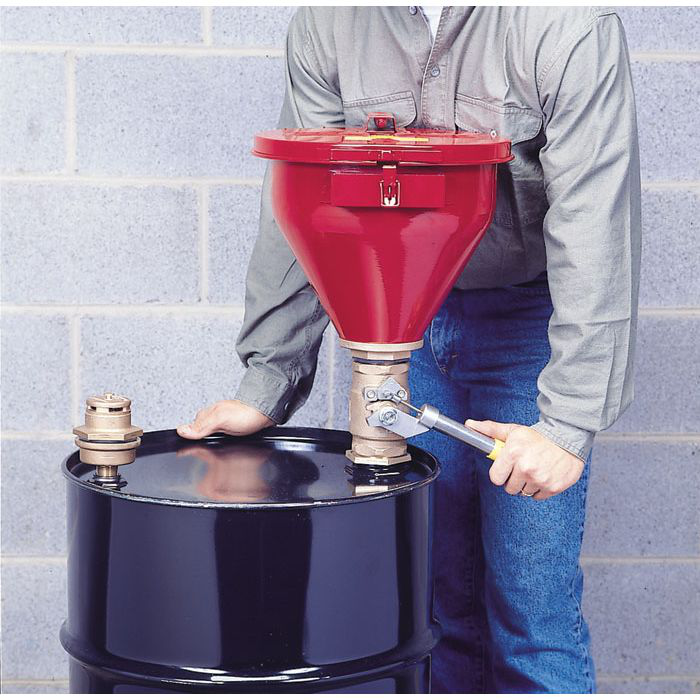 10.75" Steel Drum Funnel with Tip-Over Protection, 6" Flame Arrester, Self-Closing Cover, 2" Drum Bung, Red - 08203