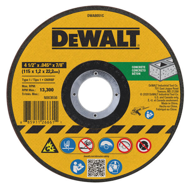 DEWALT 4-1/2 In x .045 in Aluminum Oxide Abrasive Chop / Cut-Off Blade with 7/8 in Arbor For Concrete & Masonry Cutting (1 Pack)  (P/N DWA8051C)