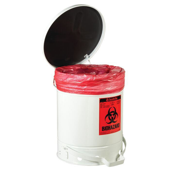 10 Gallon Steel Biohazard Waste Can, Foot-Operated Self-Closing, SoundGard™ Cover, White - 05935