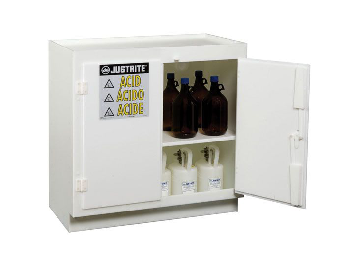 Holds 36, 2.5-Liter Bottles, 1 Shelf, 2 Doors, Manual Close, Corrosives/Acids Plastic Safety Cabinet, White - 24015