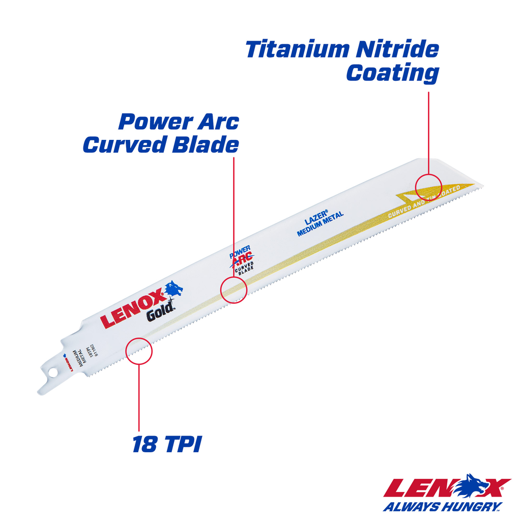 LENOX Gold Reciprocating Saw Blade, For Medium Metal Cutting, 9-Inch, 18 TPi, 25-Pack