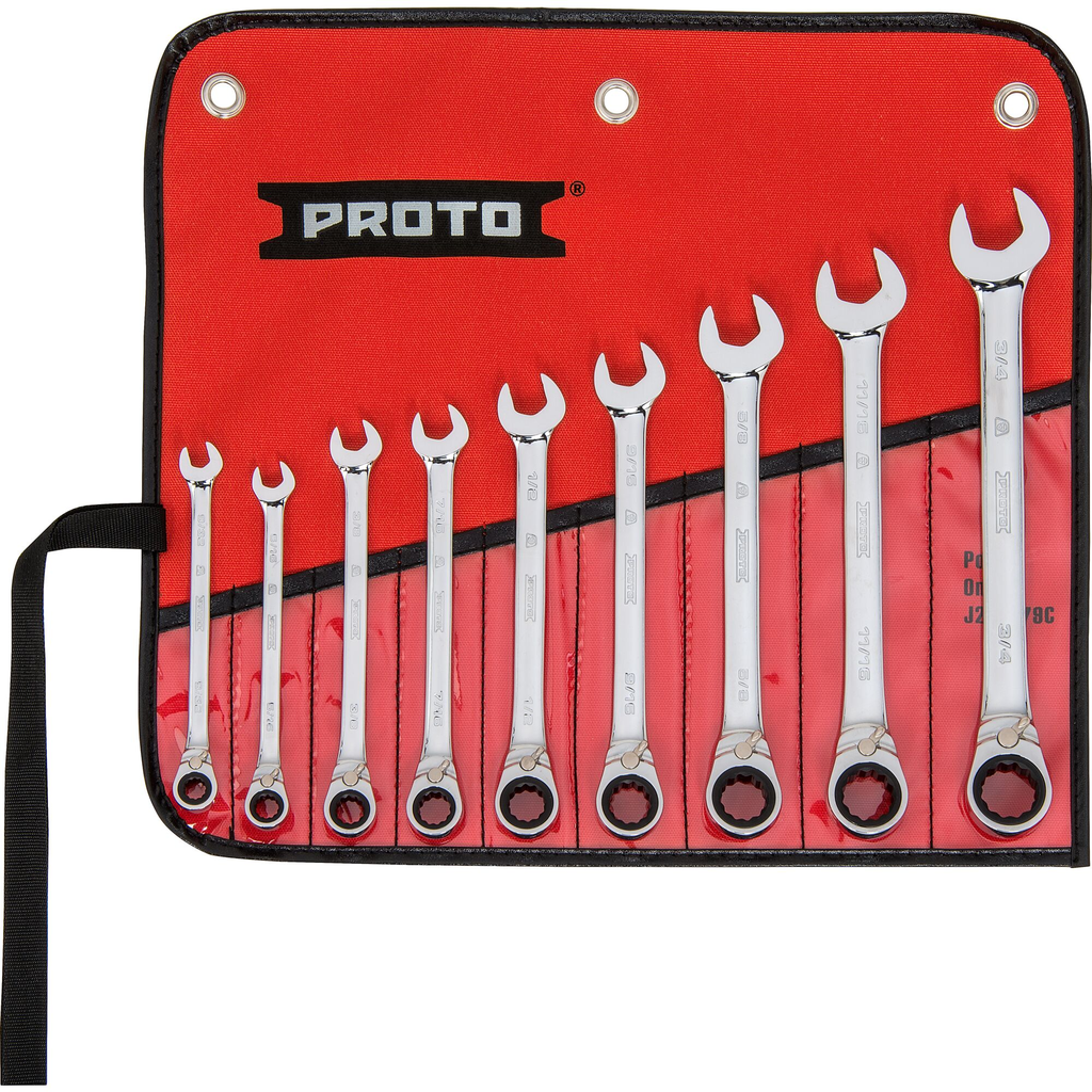 PROTO 9 Piece Full Polish Combination Reversible Ratcheting Wrench Set - 12 Point