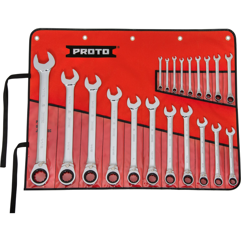 PROTO 20 Piece Full Polish Combination Reversible Ratcheting Wrench Set - 12 Point