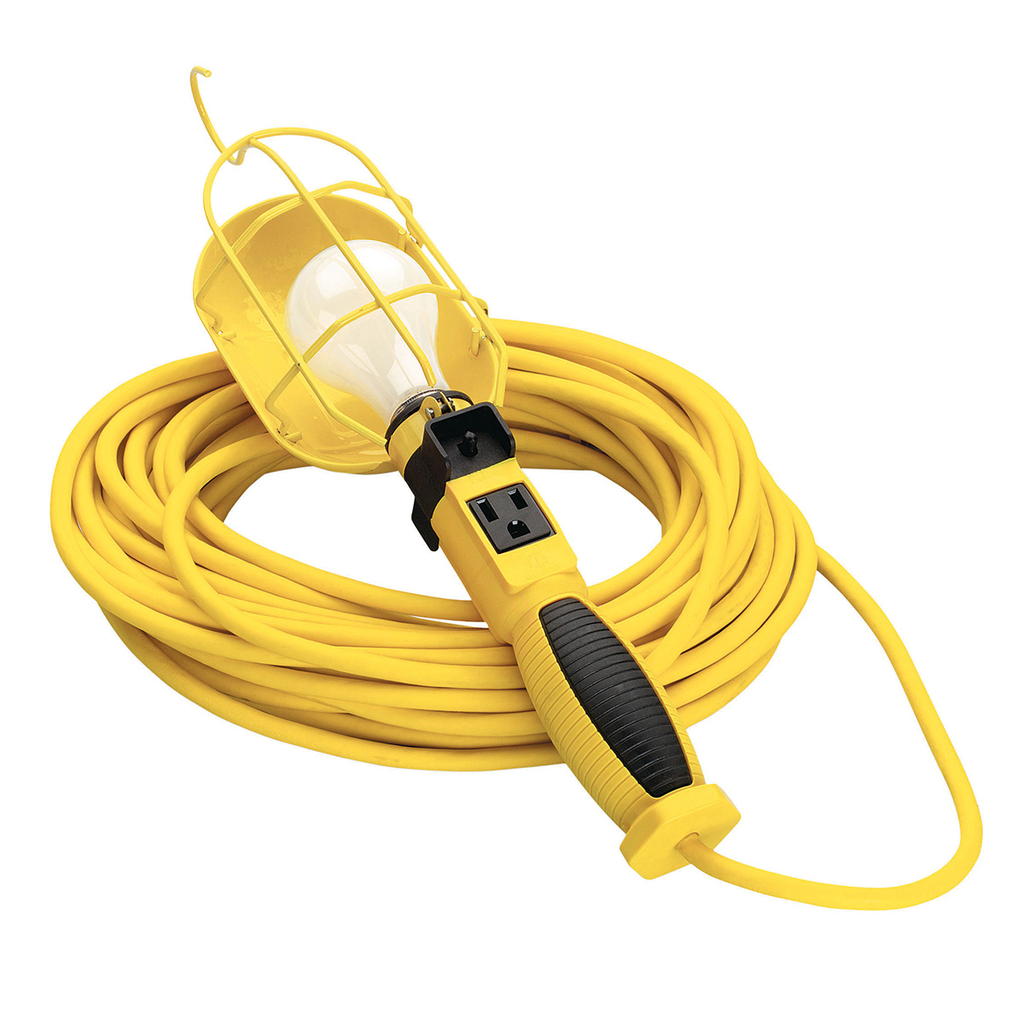 SOUTHWIRE Heavy Duty Trouble Light, 16/3, 50' SJEOW, Metal Guard, w/ Outlet 6/BX