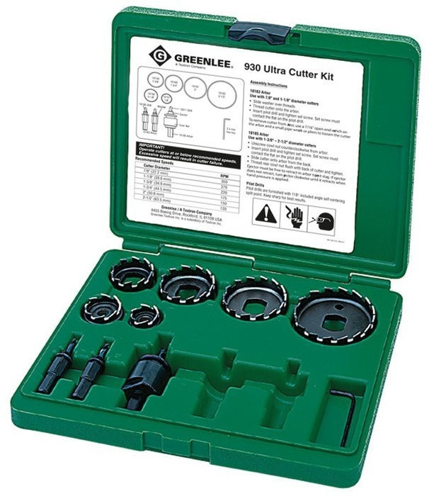 GREENLEE 7/8" to 2-1/2" Cutters, Two Small Arbors, Large Arbor, Hex Wrench and Case