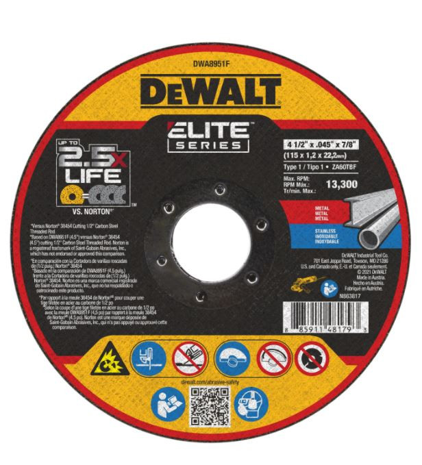DEWALT ELITE SERIES 4-1/2 In x .045 in Ceramic Abrasive Chop / Cut-Off Blade with 7/8 in Arbor For Stainless & Mild Steel Cutting (1 Pack)  (P/N DWA8951F)