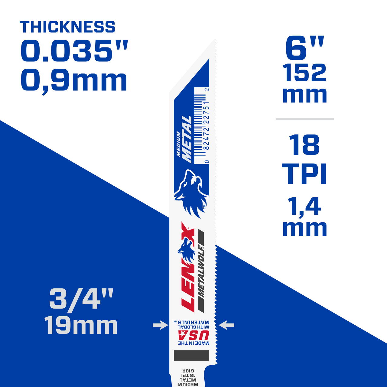 LENOX Reciprocal Saw Blades, 6" Long X 3/4" Wide X 0.035" X 18" TPi (1 Pack)
