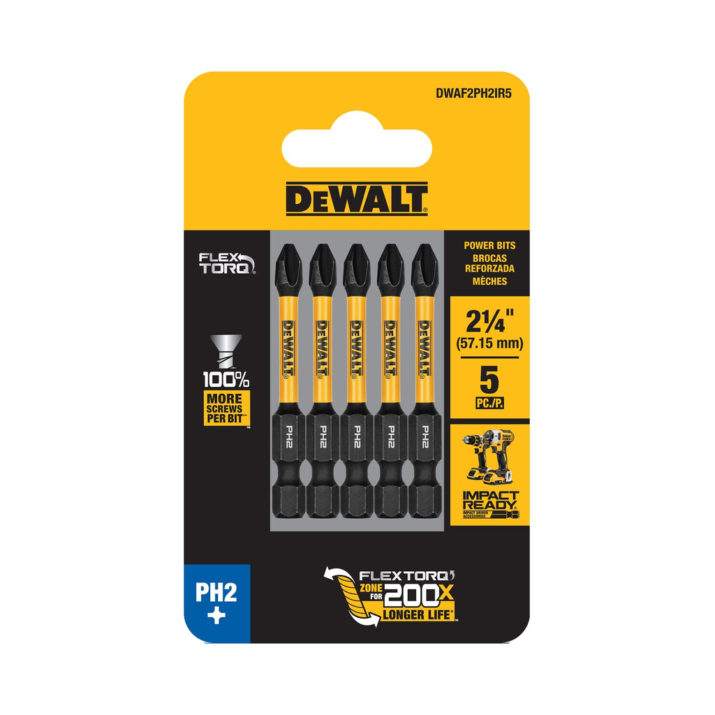 DW FLEXTORQ 5PK 2.25IN BITS FOR PH2