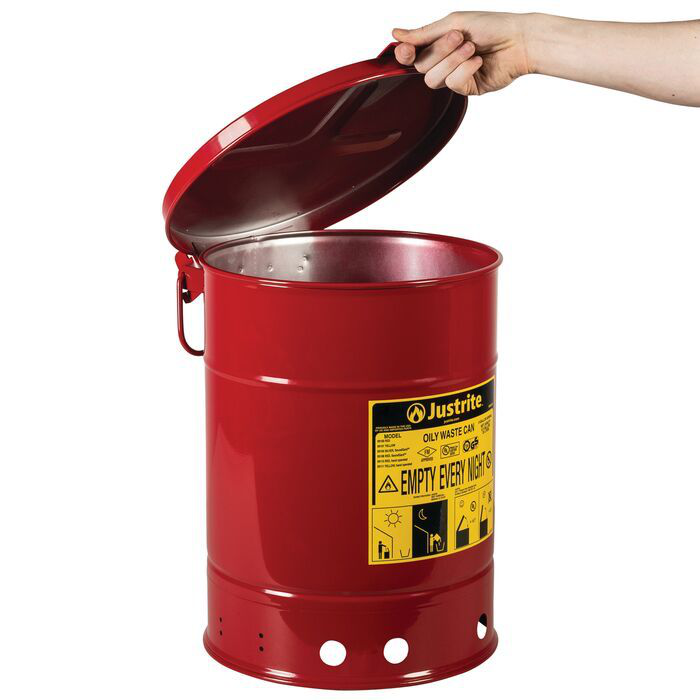 6 Gallon, Oily Waste Can, Hand-Operated Cover, Red - 09110