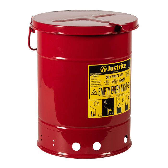 6 Gallon, Oily Waste Can, Hand-Operated Cover, Red - 09110