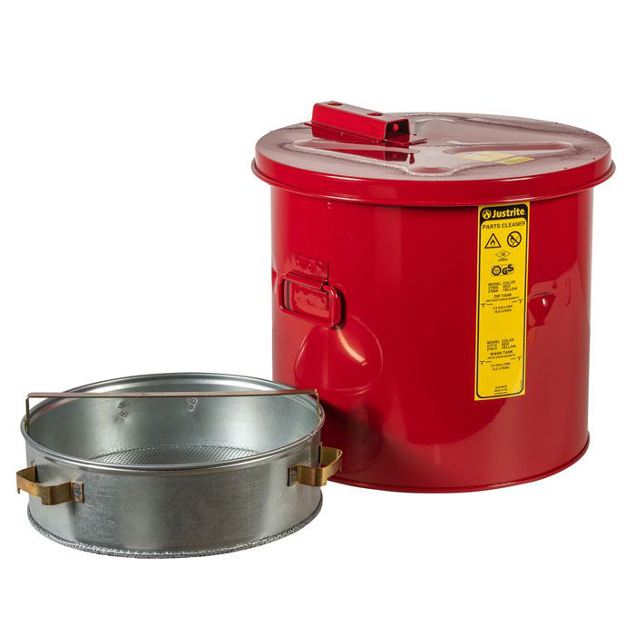 3.5 Gallon, Wash Tank With Basket for Small Parts Cleaning, Self-Close Cover with Fusible Link, Steel, Red - 27713