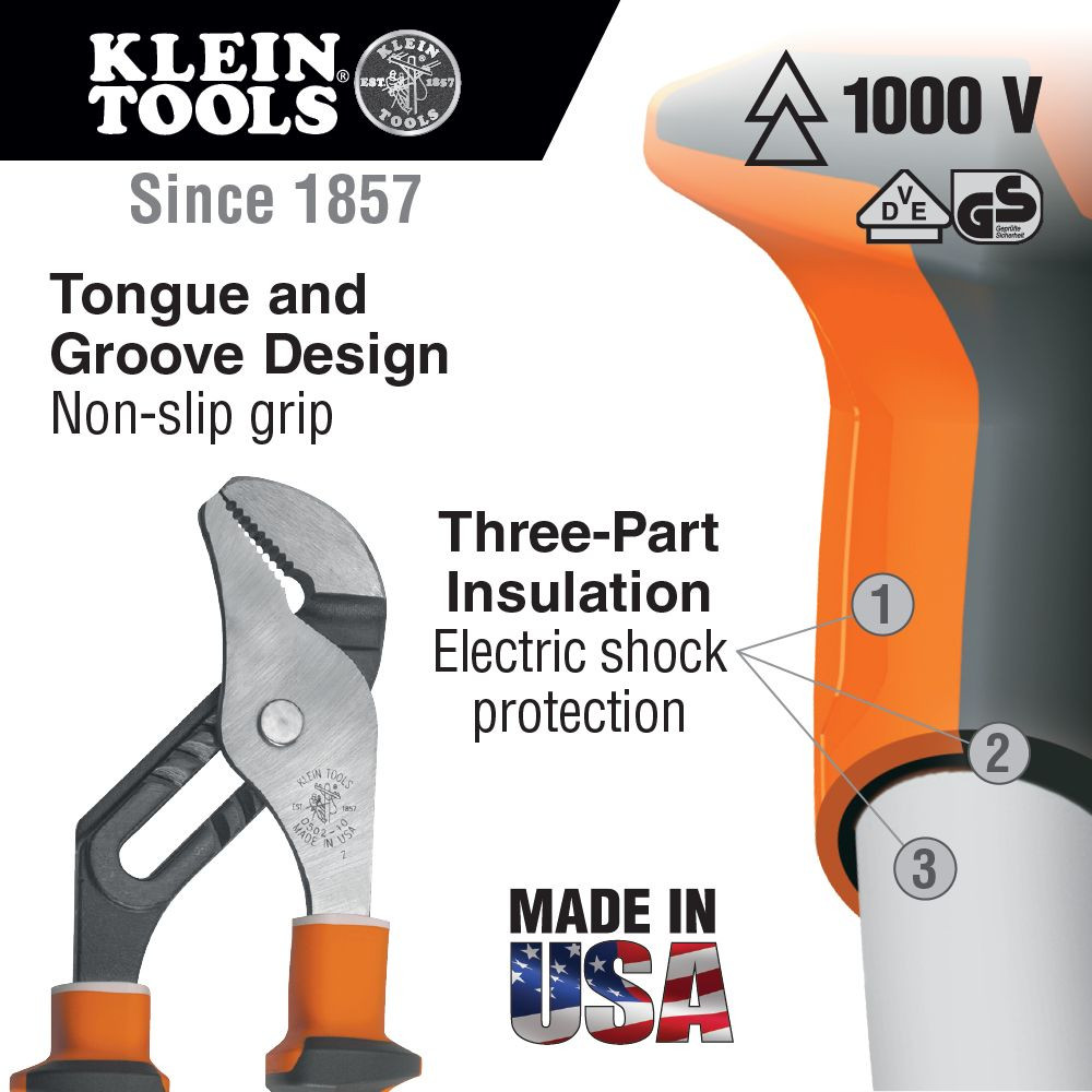 Klein Insulated Pump Pliers, Slim Handle, 10-Inch