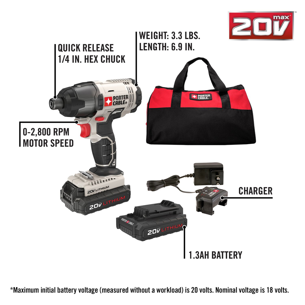 PORTER CABLE 20V Max Lithium Impact w/ (2) 1.3Ah batteries and bag