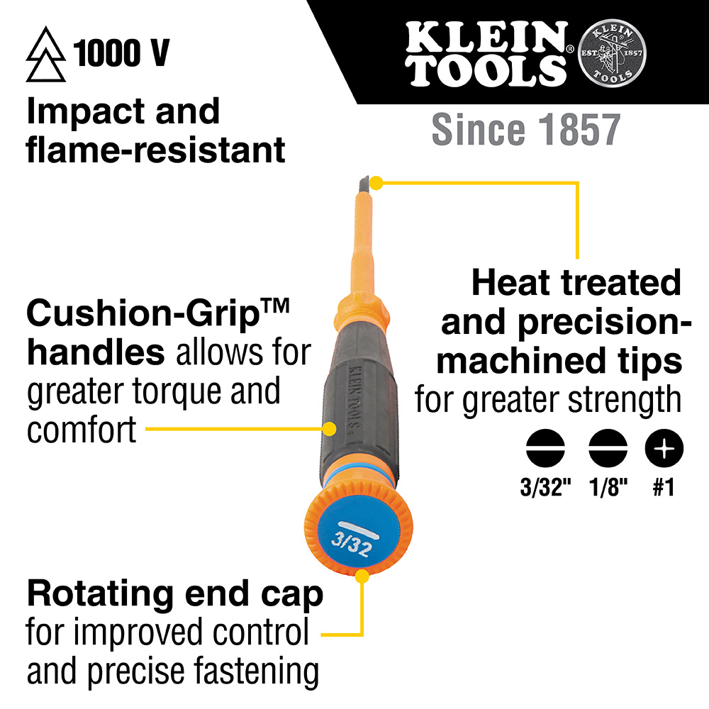Insulated Precision Screwdriver, 1/8-Inch Slotted, 4-Inch Shank