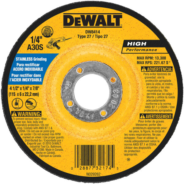 DEWALT 4-1/2" X 1/4" X 7/8" Stainless Steel Grinding Wheel