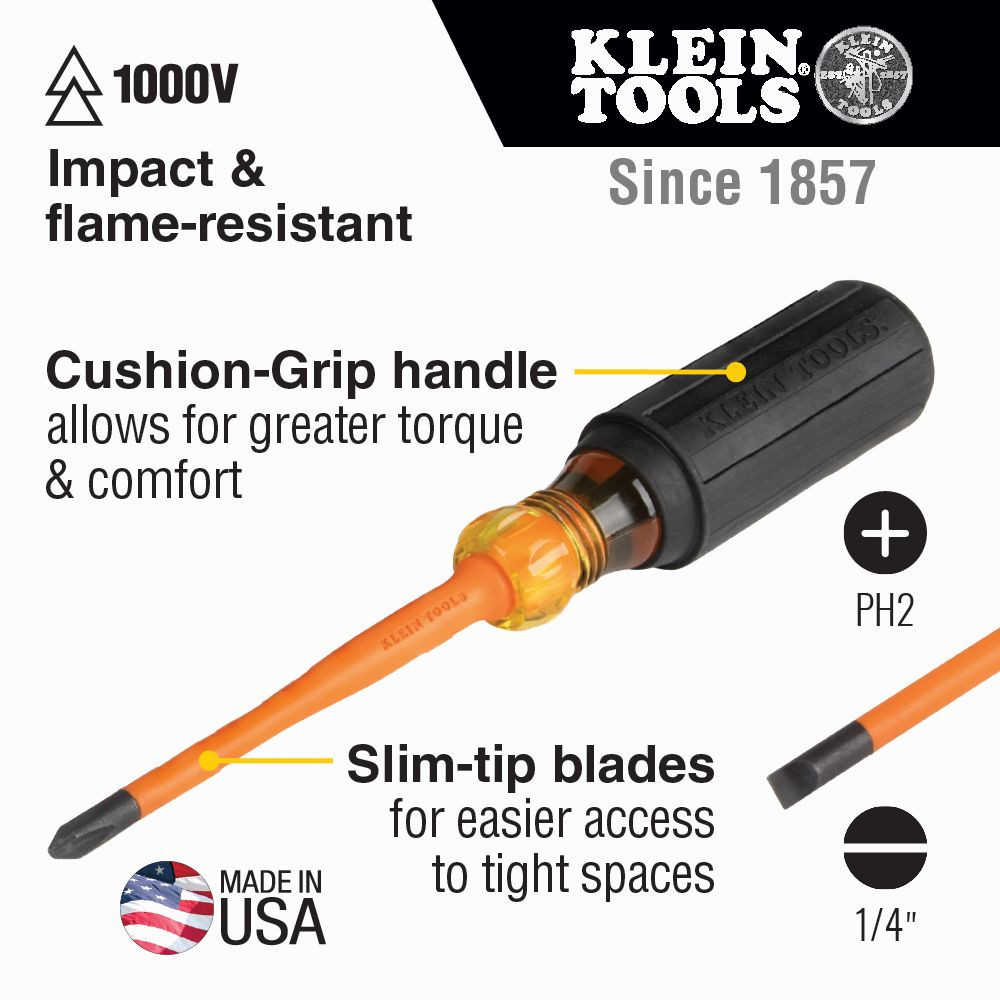 Klein Slim-Tip Insulated Screwdriver Set, Phillips and Cabinet Tips, 2-Piece